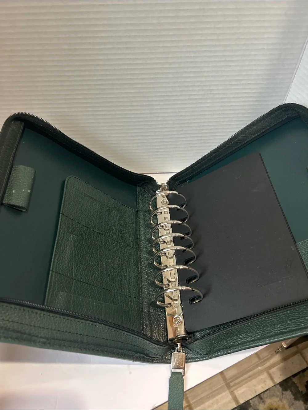Vintage Franklin Covey Forest Green Leather Zip Around 7 Ring Personal Organizer